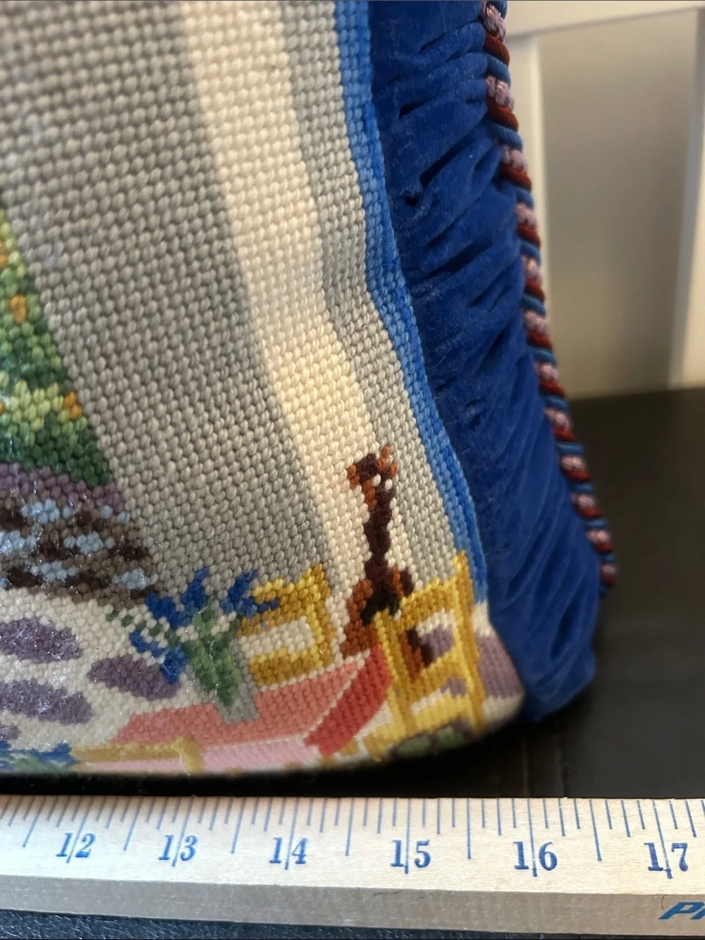 Beautiful Needlepoint Scenic Countryside Pillow  Blue Velvet Back & Lux Cording